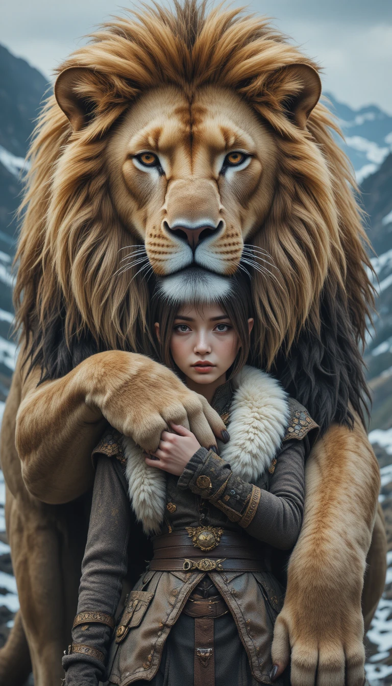 Majestic lion guarding a calm human in snowy mountains
