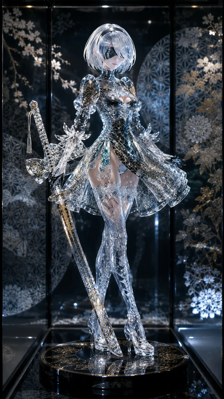 Edo Kiriko glass figure displayed in a modern black showcase
