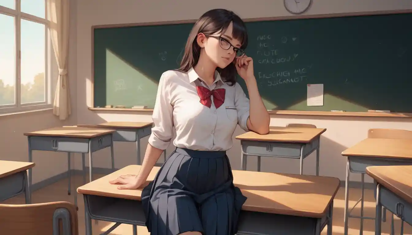 Giovane studentessa seduta sulla cattedra in classe