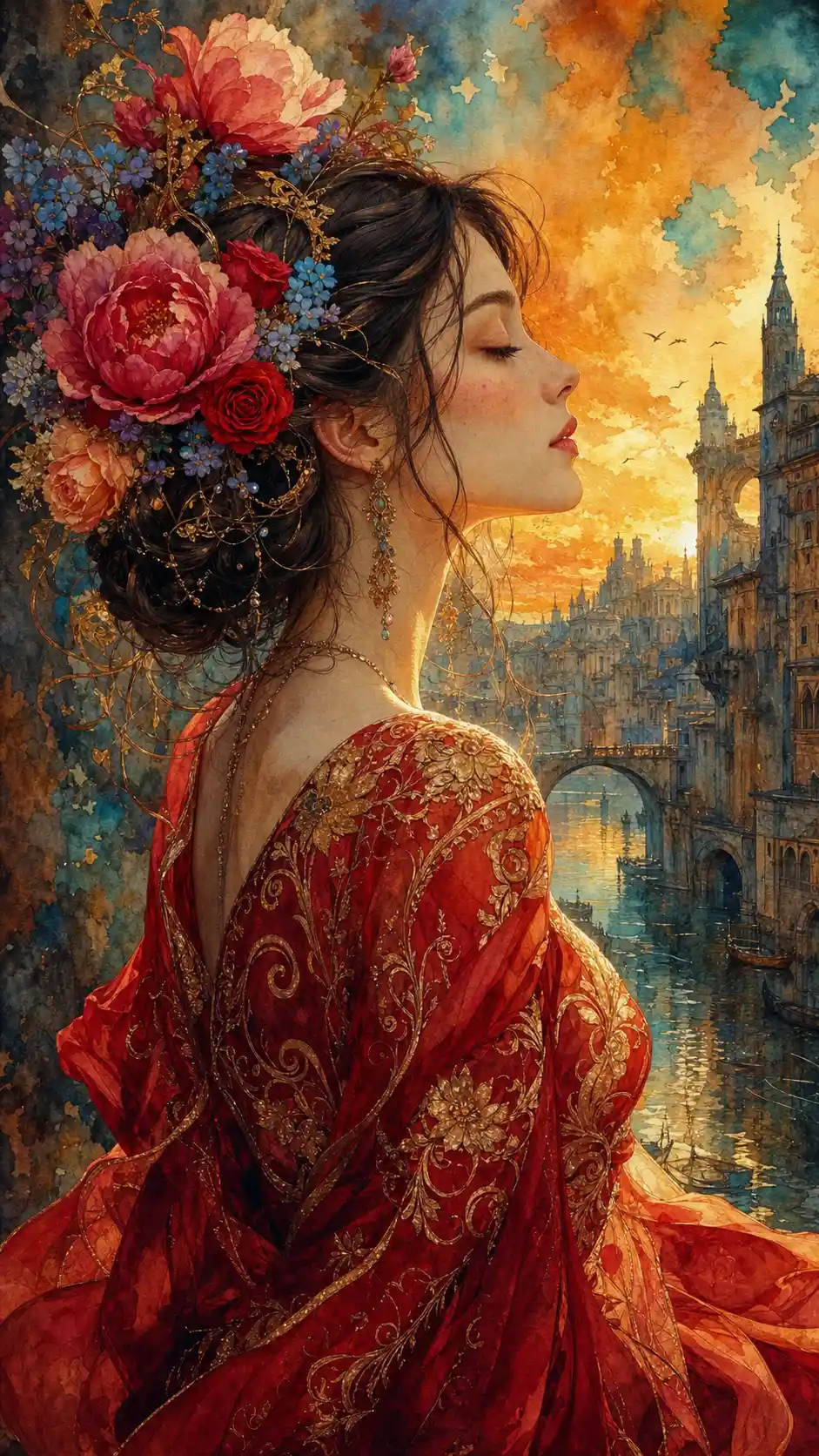 Watercolor profile portrait of a serene woman in red gown