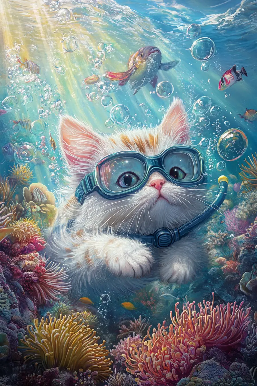 Playful snorkeling cat swimming through colorful ocean life