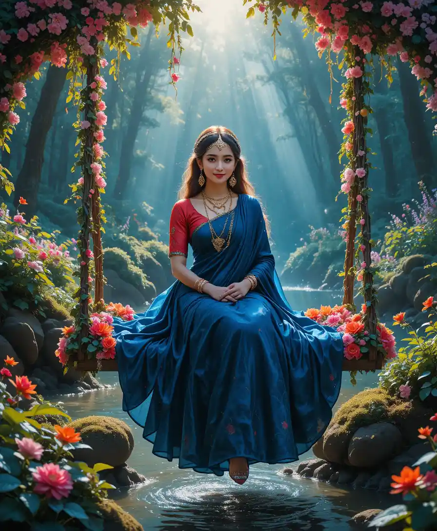 Radha on a floral swing by a tranquil forest river