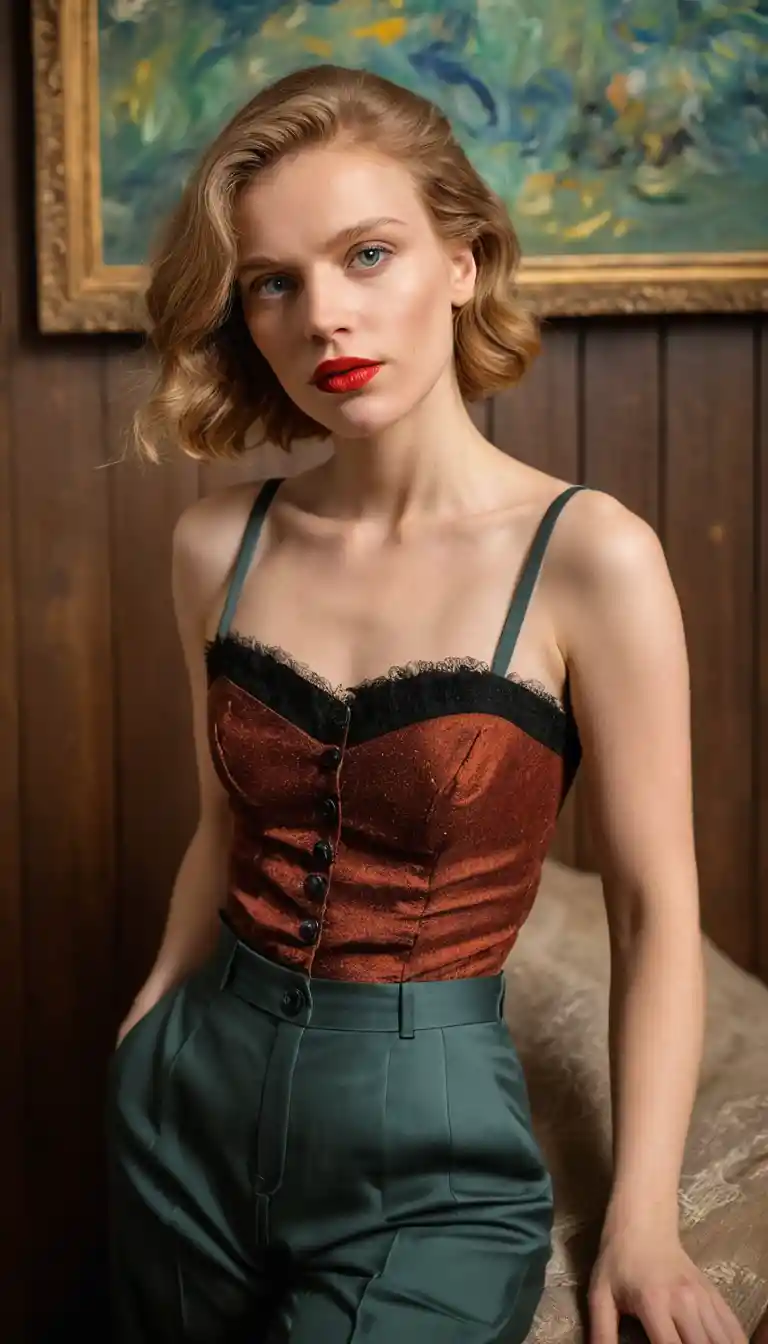 Sensual woman posing confidently in a dim modern loft