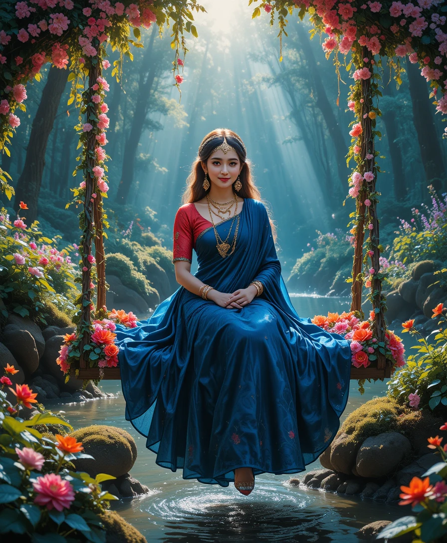 Radha on a floral swing by a tranquil forest river