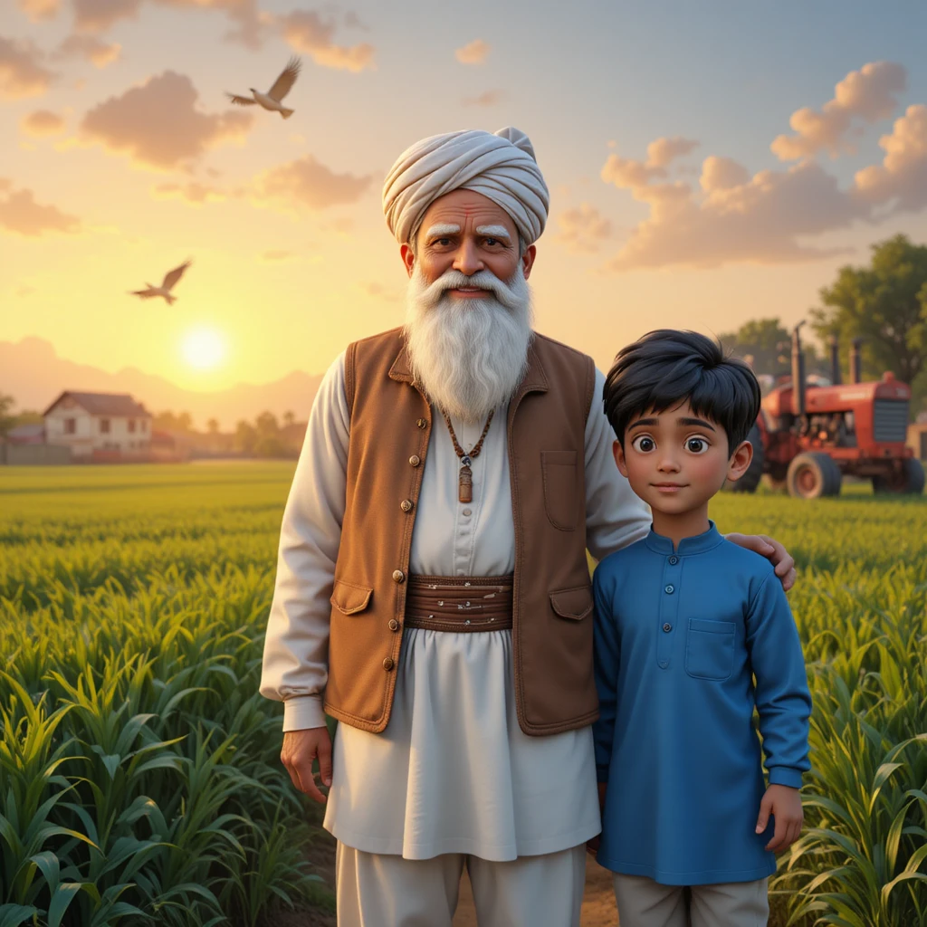 Elderly farmer and grandson in a Punjabi village sunrise