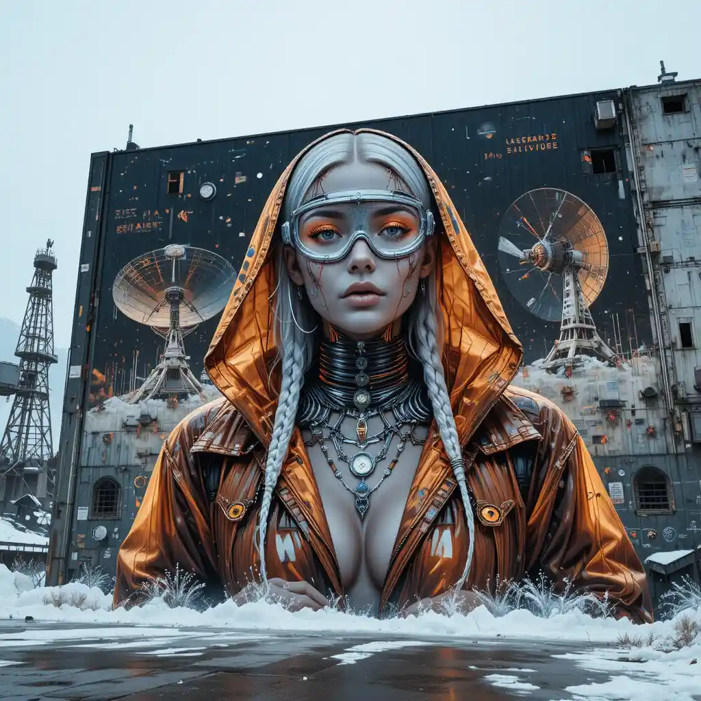 Cinematic glitch portrait on an abandoned space facility wall