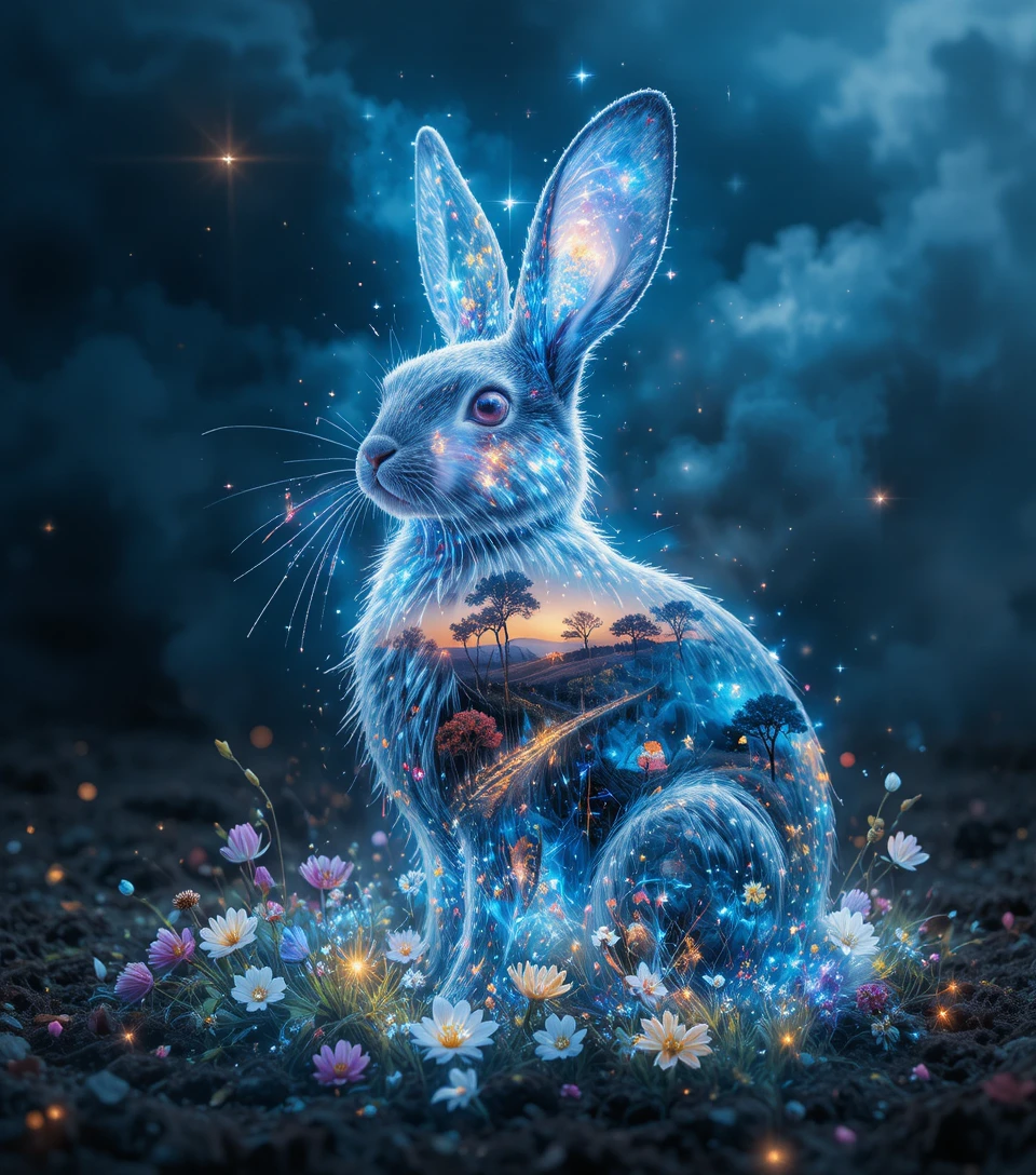 Mystical double exposure rabbit filled with glowing savannah