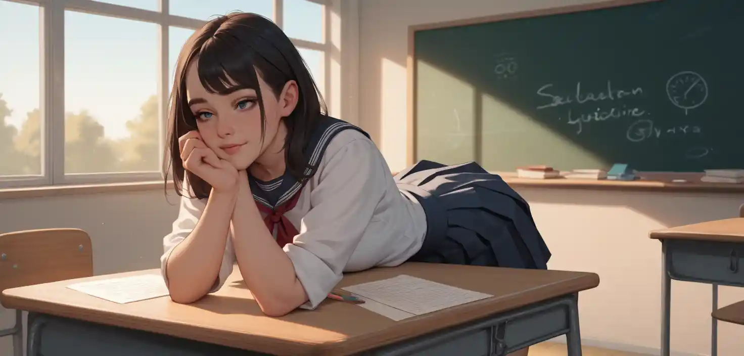 Schoolgirl on teachers desk during sex education class