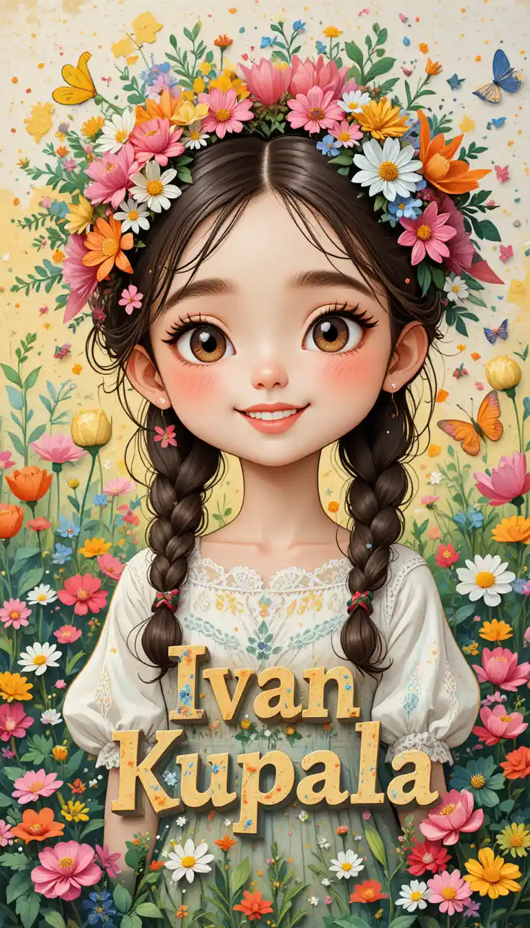 Joyful girl in flower wreath for Ivan Kupala postcard
