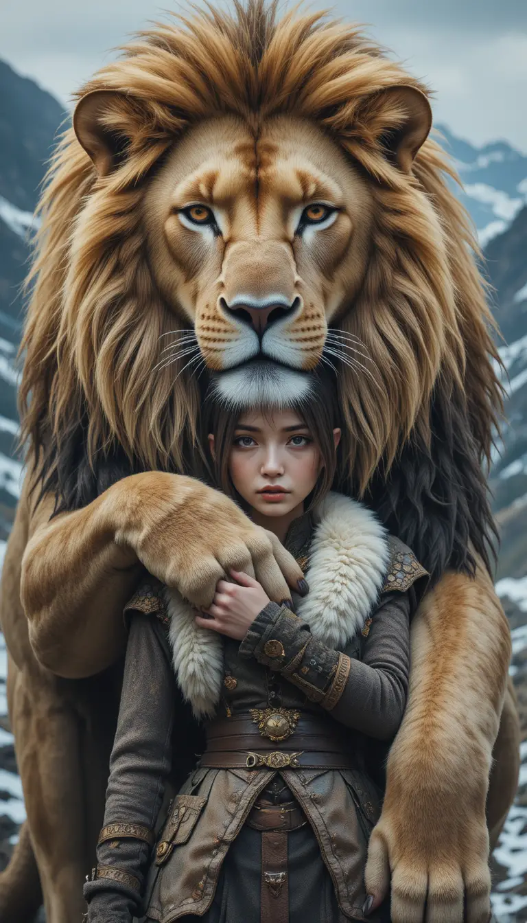 Majestic lion guarding a calm human in snowy mountains