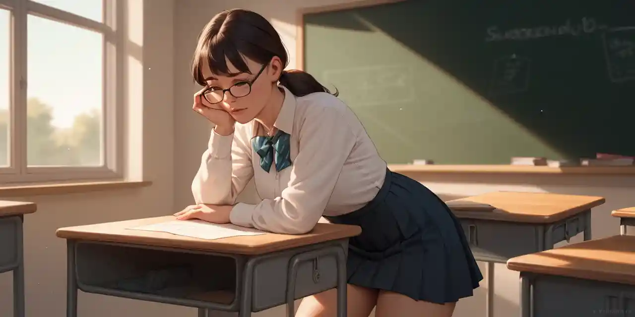 Young schoolgirl sitting calmly on a classroom desk