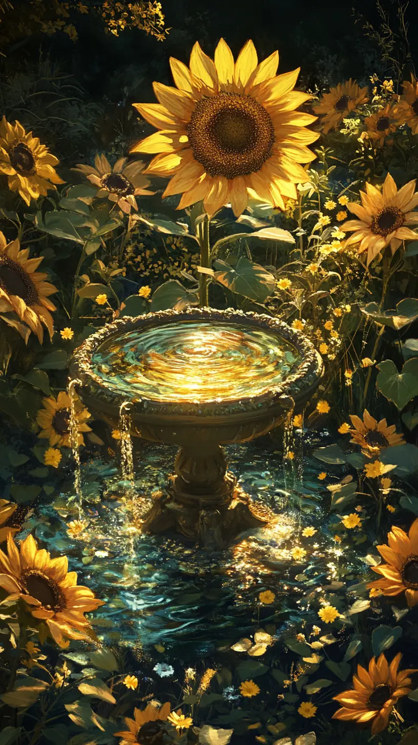 Enchanted garden of giant sunflowers in golden sunlight