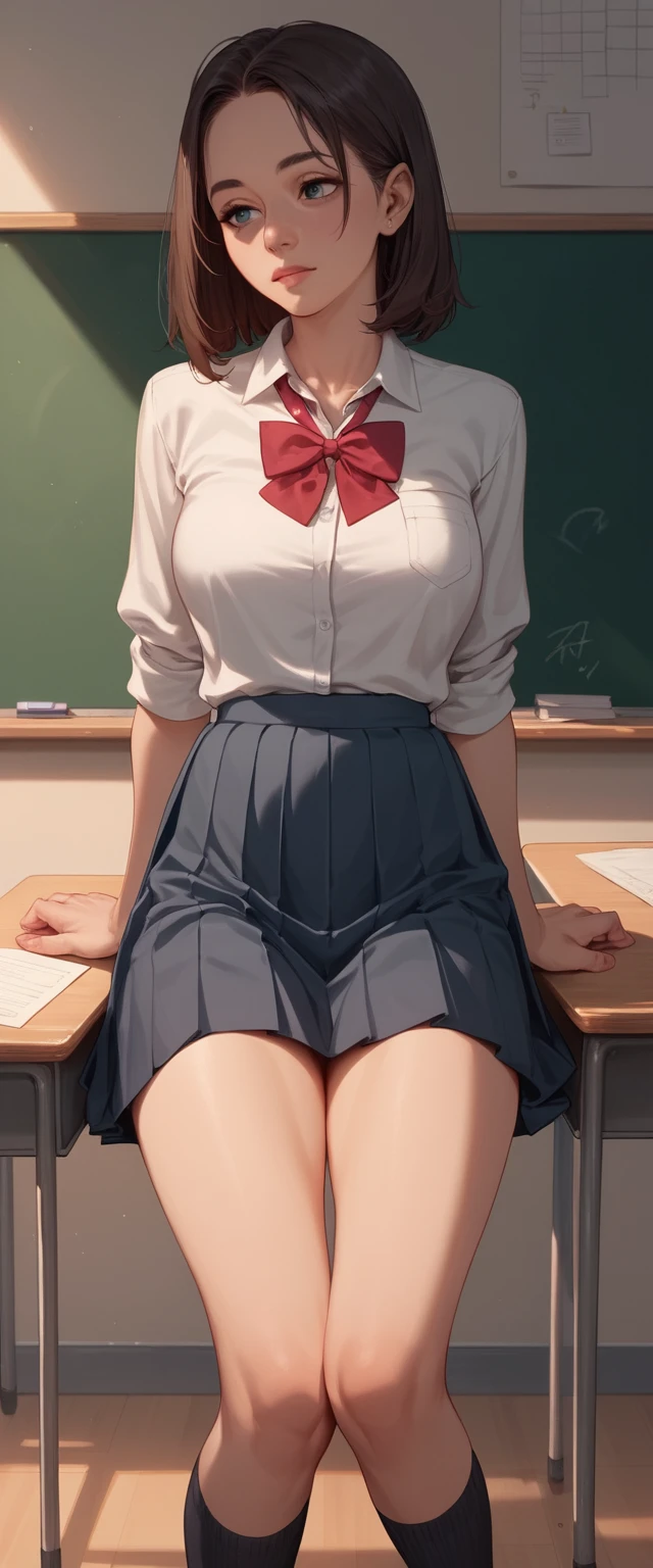 Young schoolgirl sitting calmly on a classroom desk