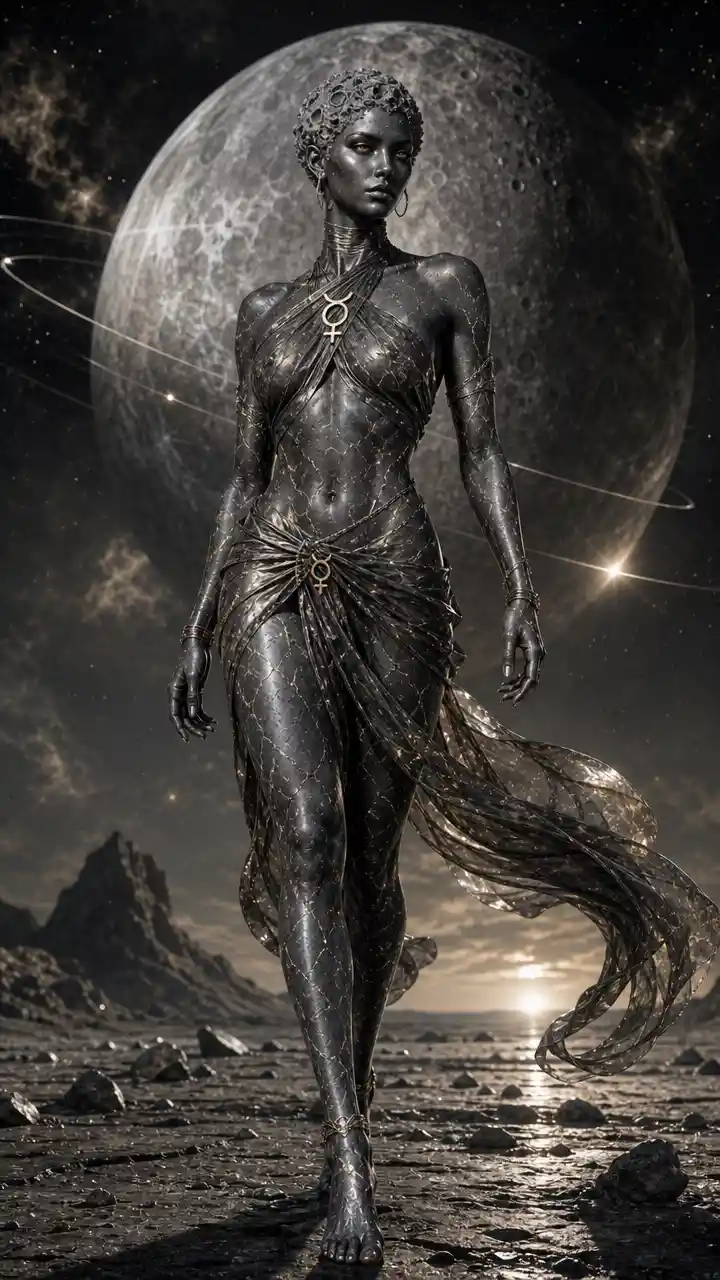 Full body fantasy woman embodying the essence of Mercury