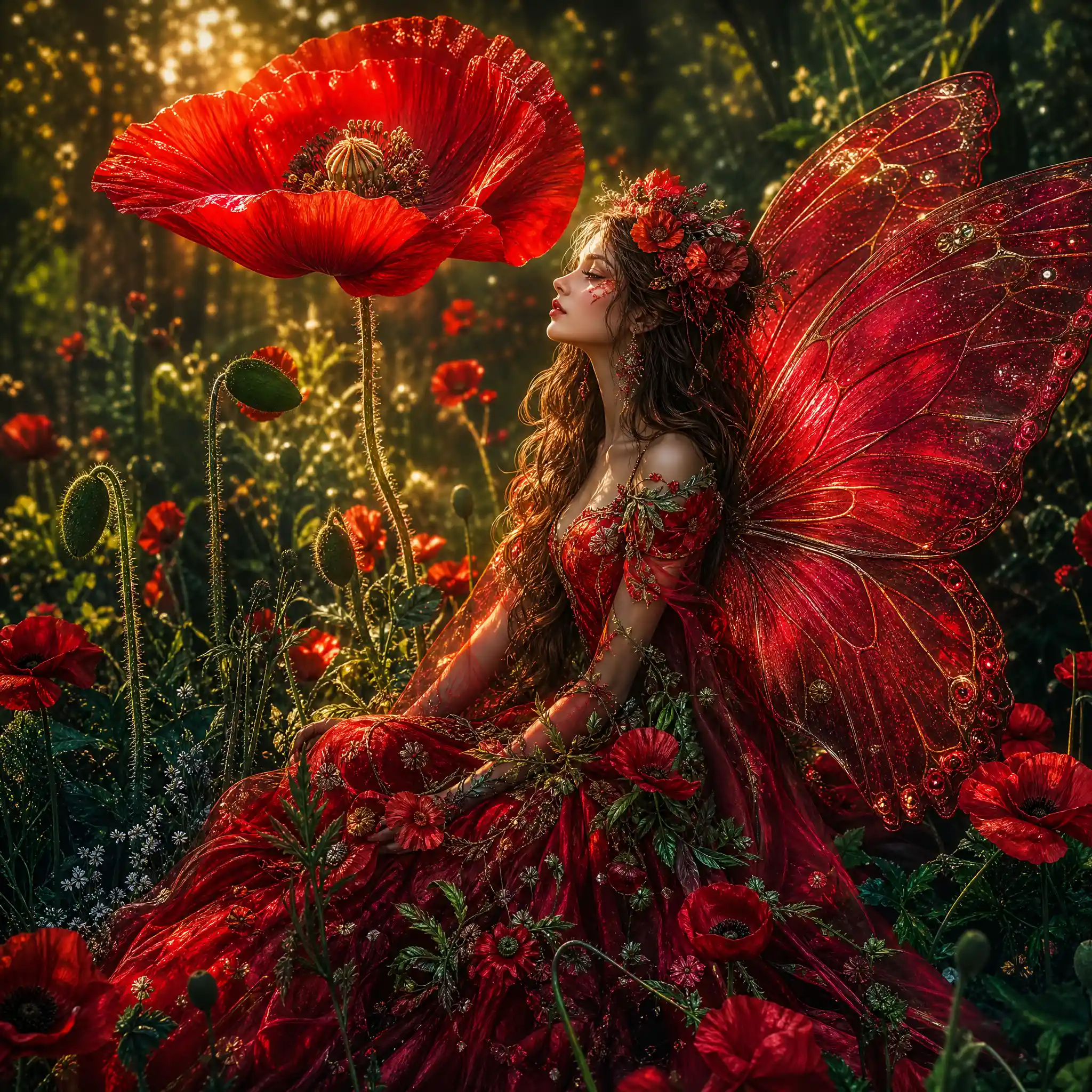 巨大な緋色の花のそばにいるファンタジーなポピーの妖精女性