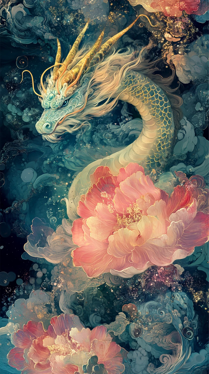 Dragón volando sobre un campo surrealista de flores translúcidas