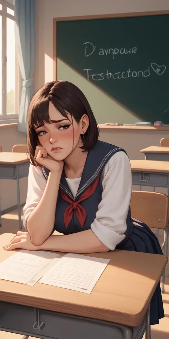 Schoolgirl Sitting On Teacher Desk In Front Of Blackboard