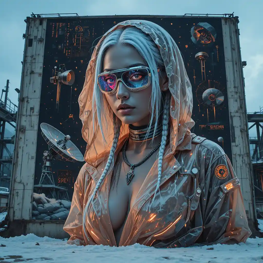 Cinematic portrait poster on abandoned interstellar signal facility wall