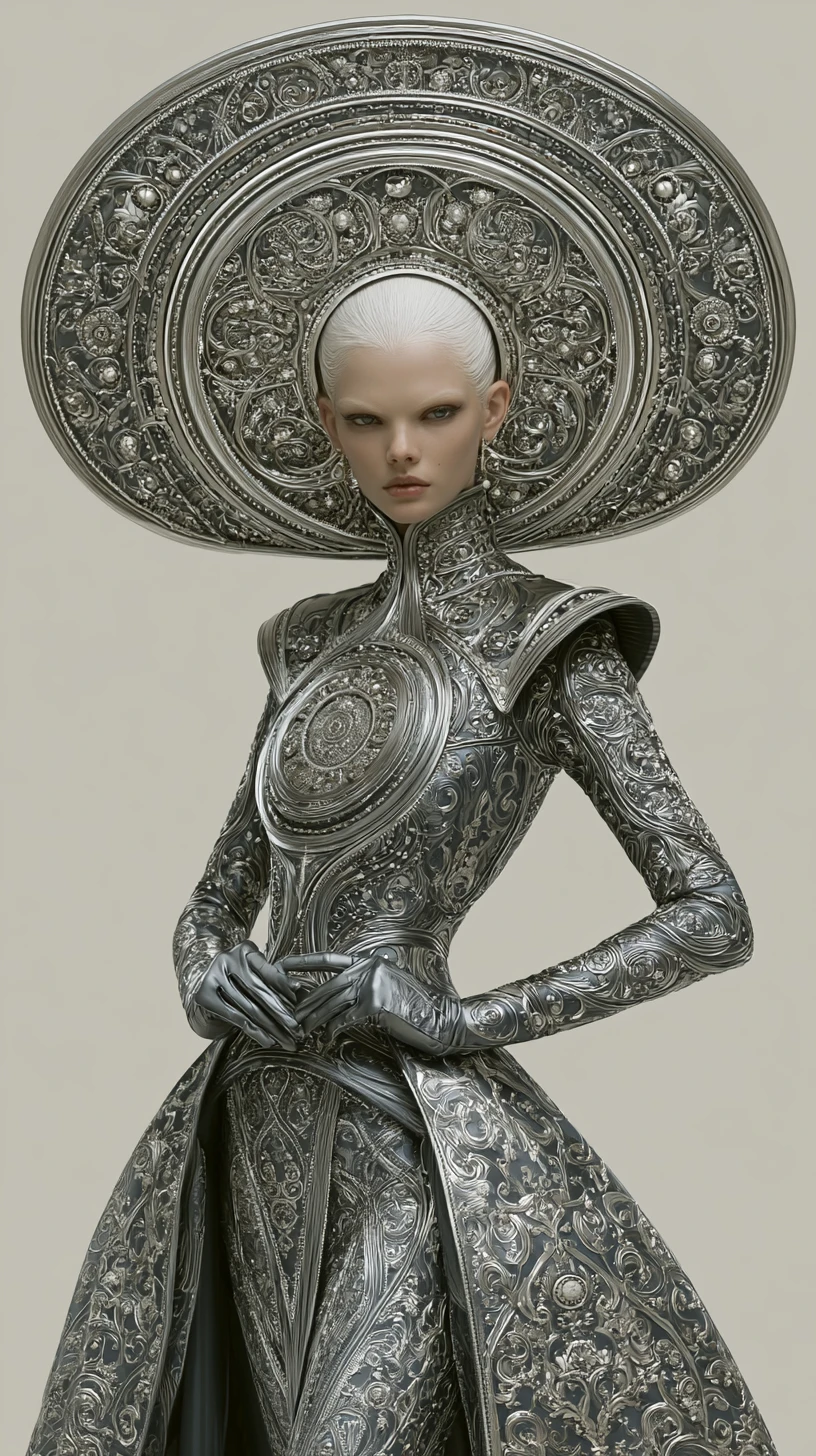 Futuristic woman with gigantic flying saucer hairstyle