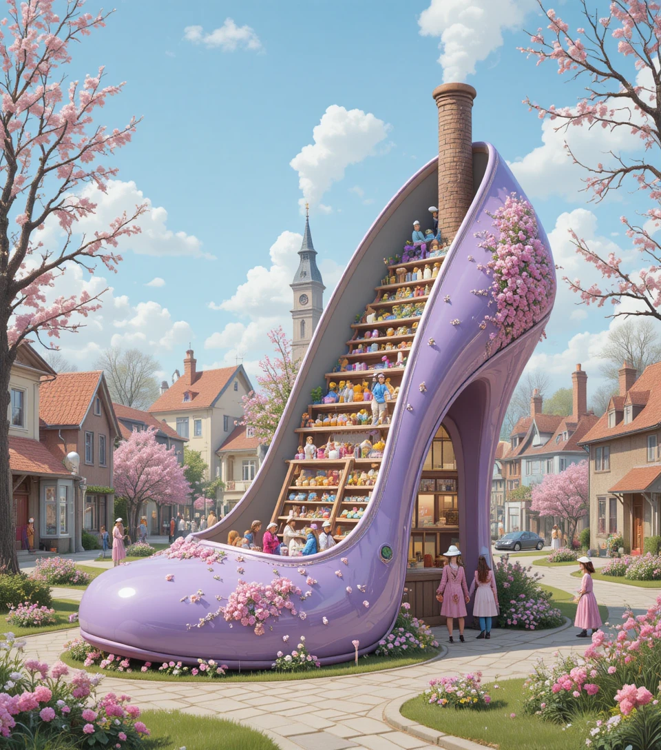 Whimsical high heel bakery in a tranquil spring town
