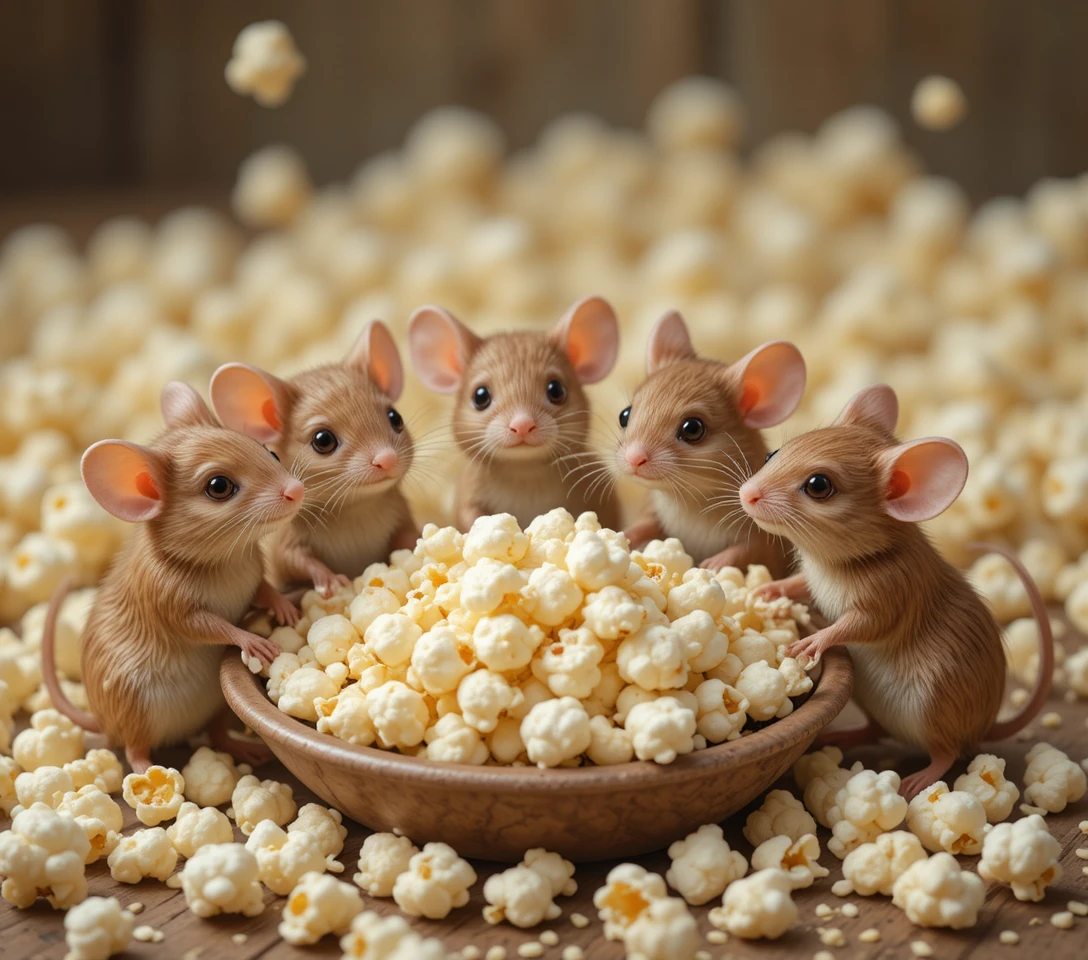Playful Mice Gathering Around A Big Popcorn Feast