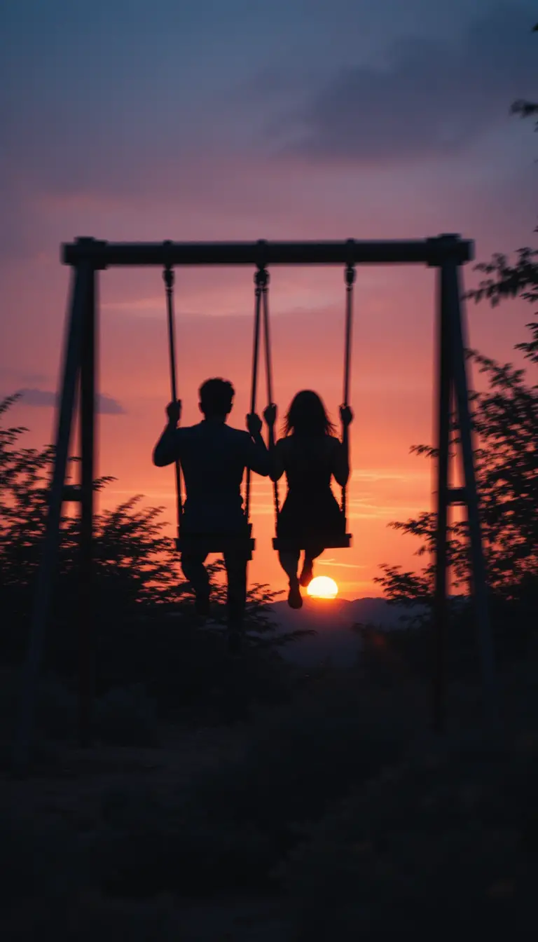 Silhouetted couple on swings against glowing sunset sky