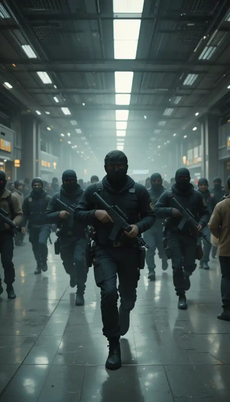 Armed terrorists storming a crowded international airport terminal