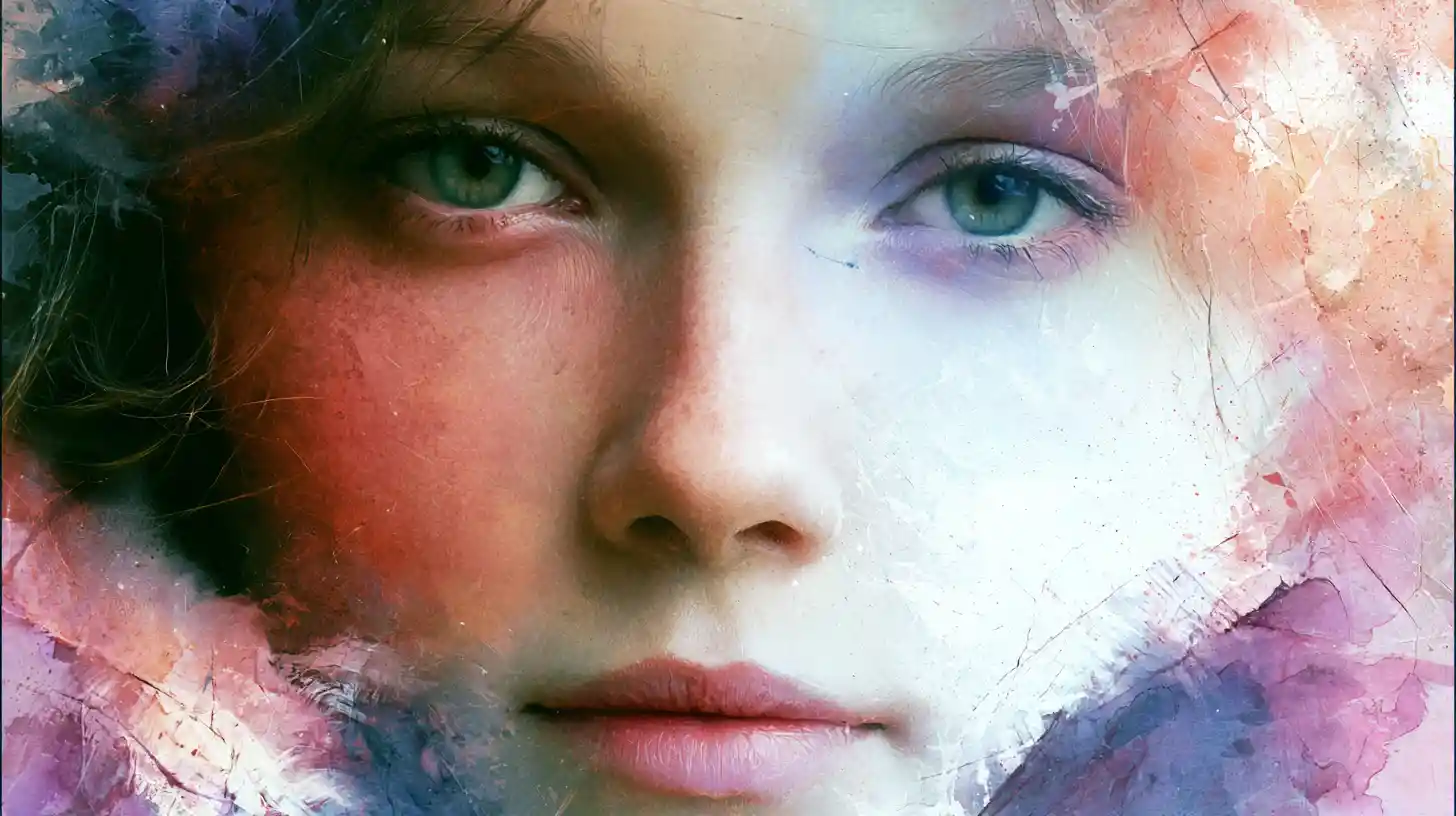 Ethereal female portrait split by red and white tones