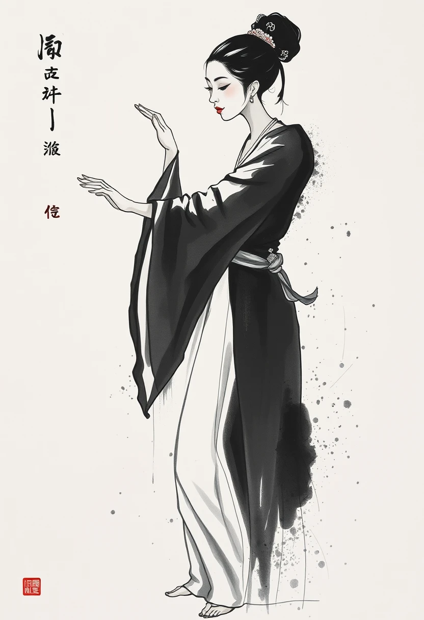 優雅經典姿態的女舞者墨畫肖像