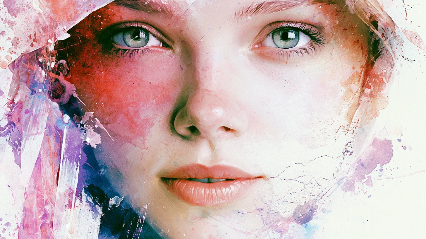 Ethereal female portrait in abstract watercolor inspired paint