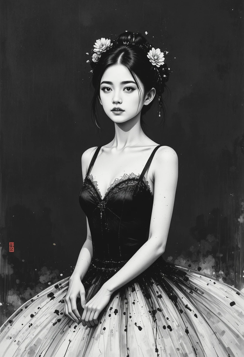 Retrato monocromático em tinta de uma mulher de tutu