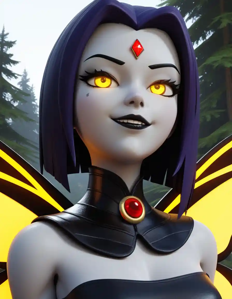 Giant sci fi woman with wings in glowing forest