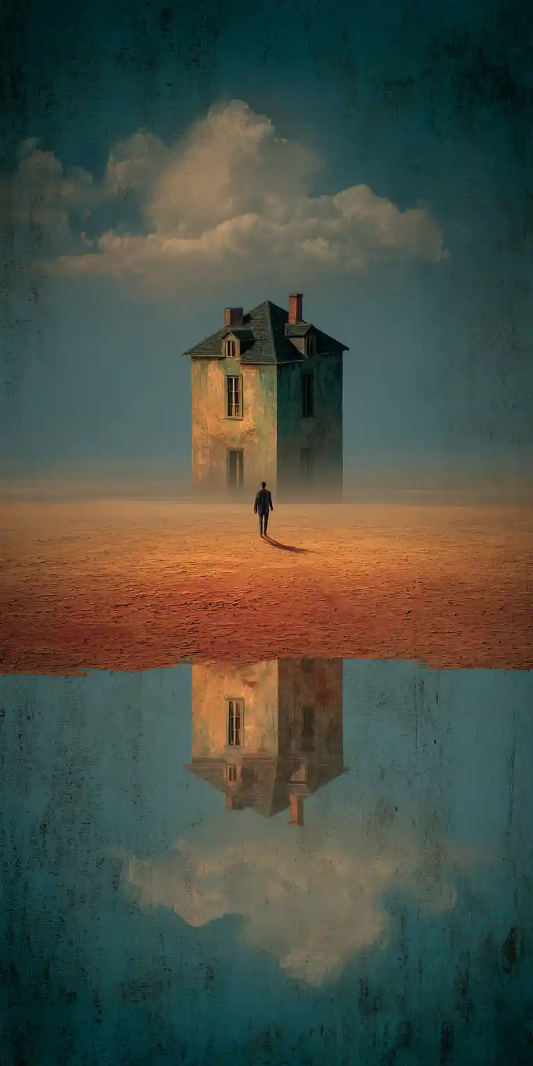 Surreal woman alone in a barren dreamless desert landscape