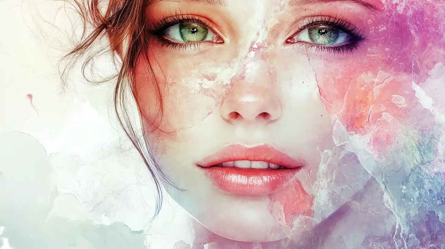 Ethereal female face split by red and white watercolor tones
