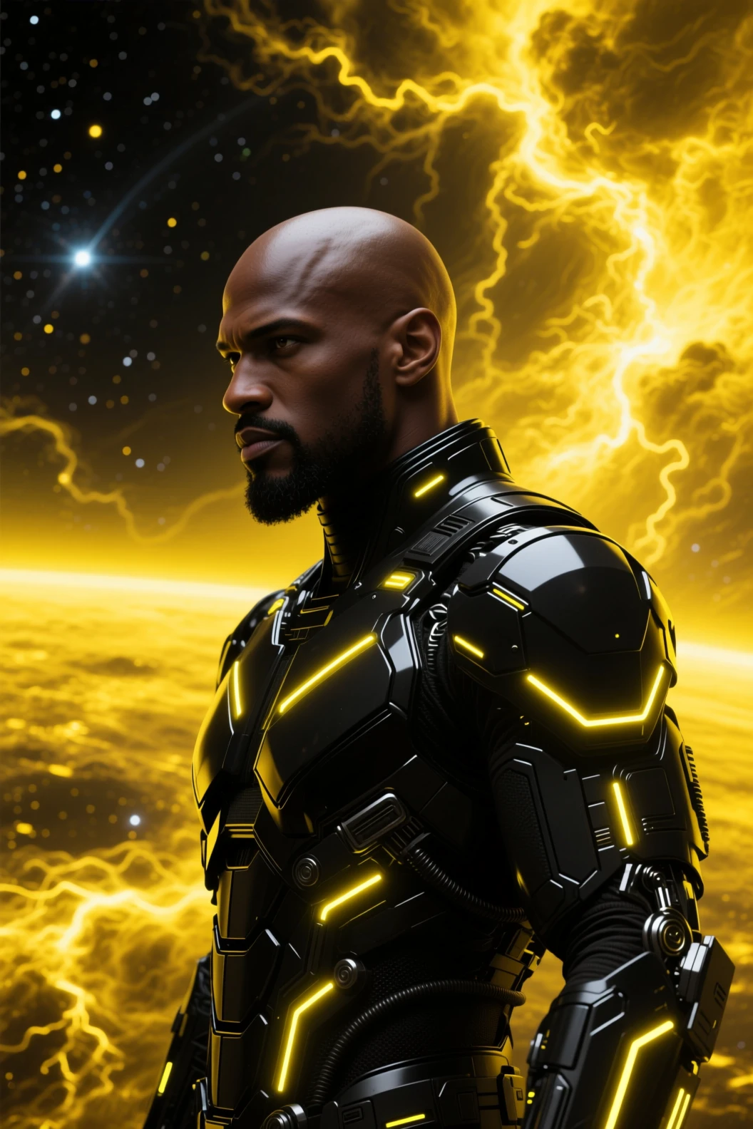 Futuristic soldier in black armor with neon yellow lights