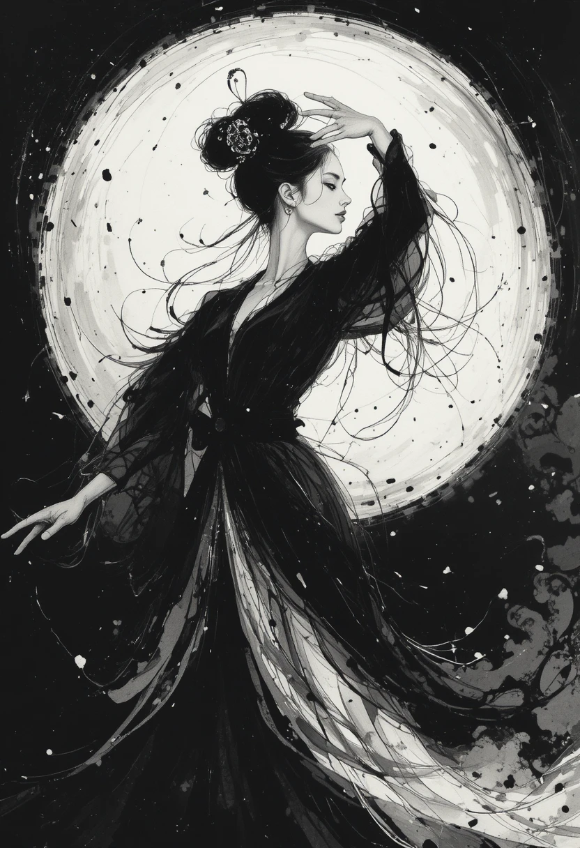 Graceful woman dancer in monochrome Chinese ink drawing