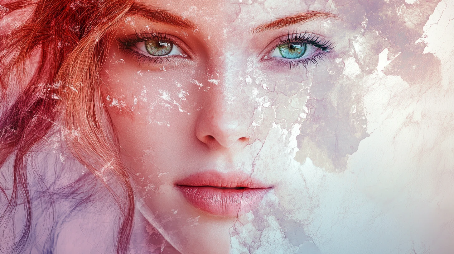 Ethereal woman portrait split between red and white tones