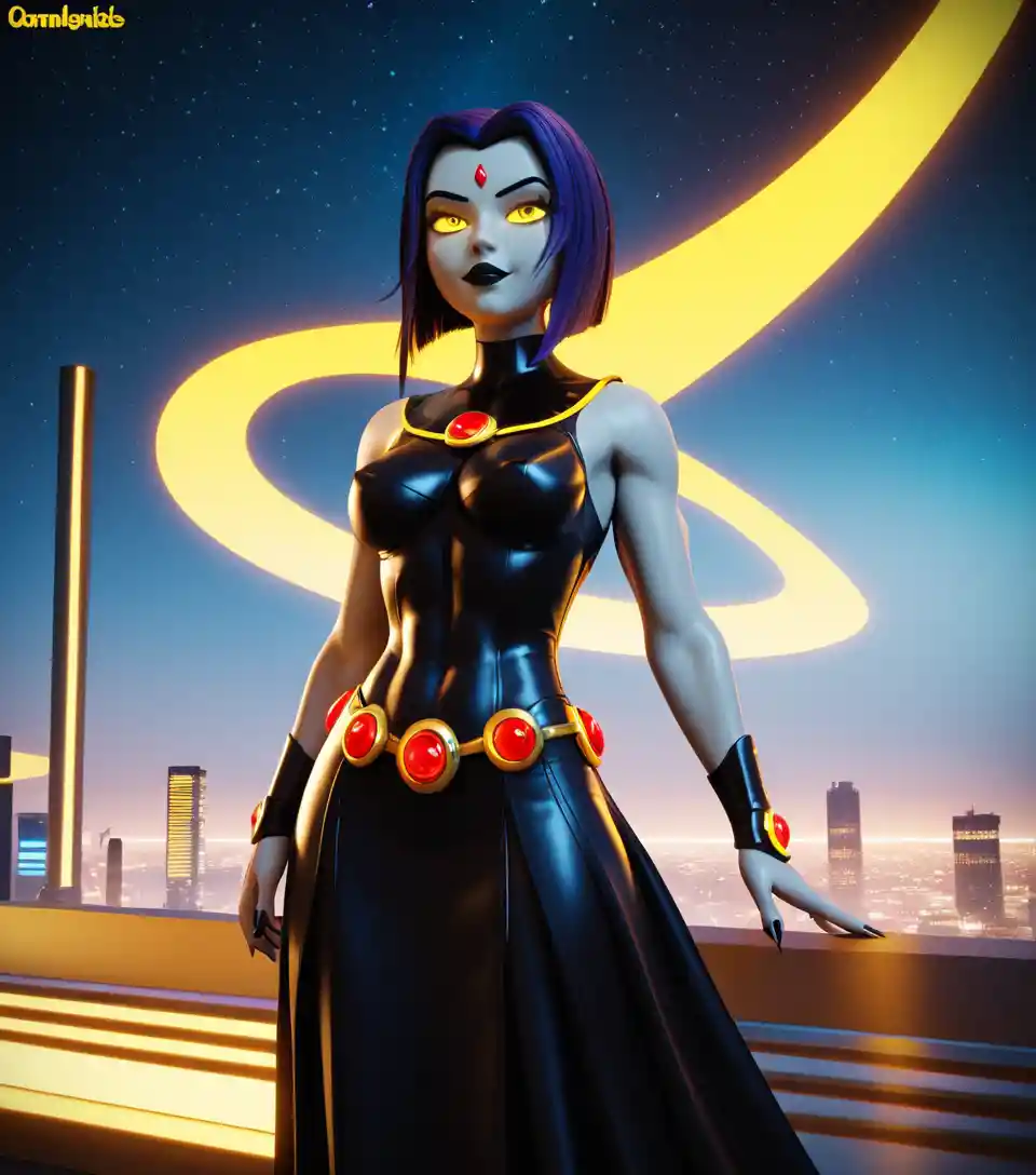 Giant futuristic woman with glowing yellow eyes in space