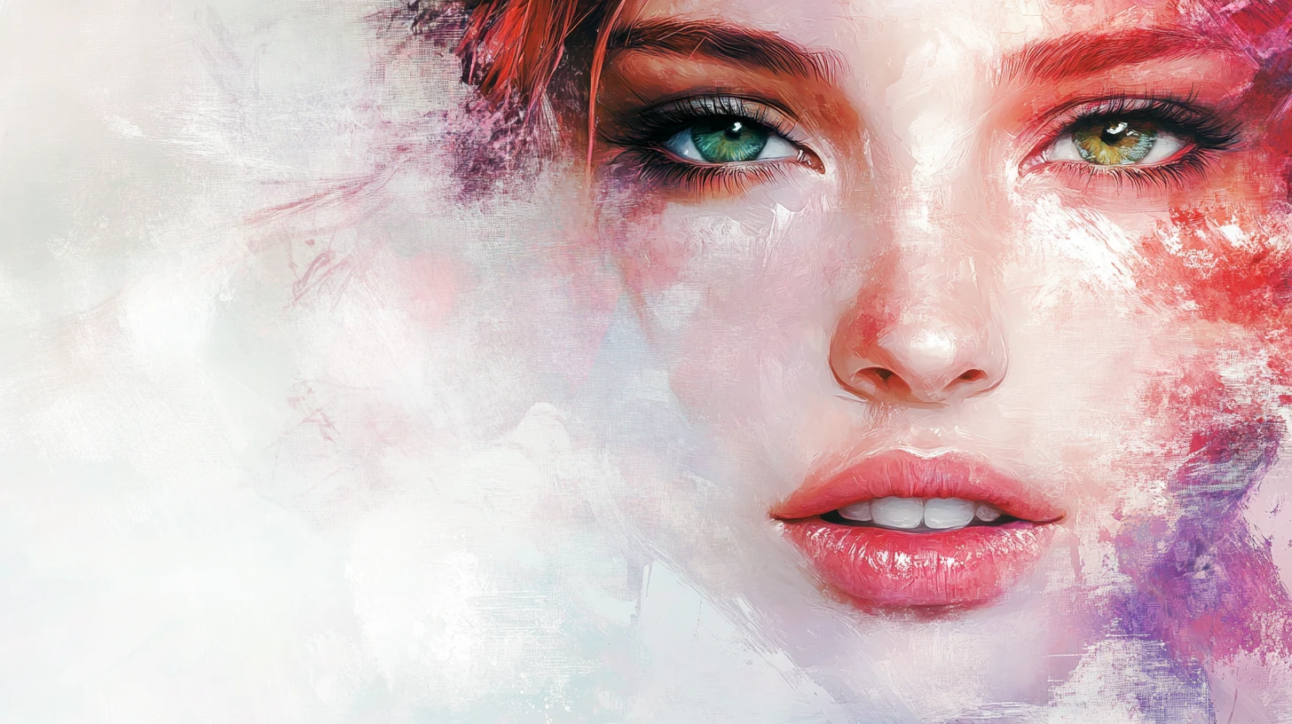 Ethereal female portrait with red and white divided face