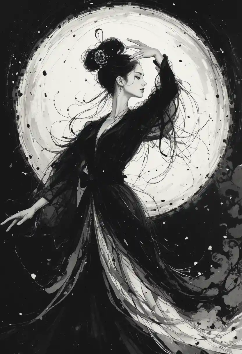 Graceful woman dancer in monochrome Chinese ink drawing