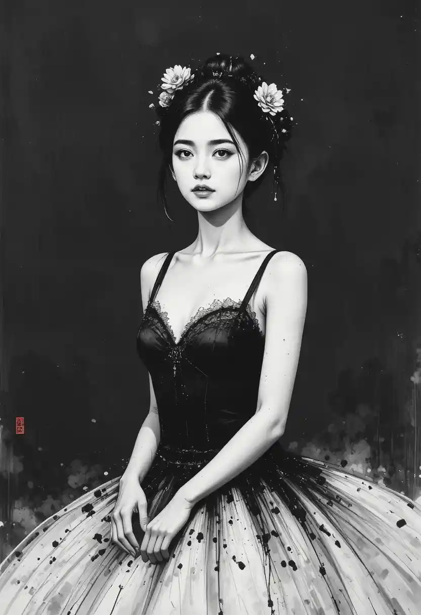 Monochrome ink portrait of a woman in a tutu