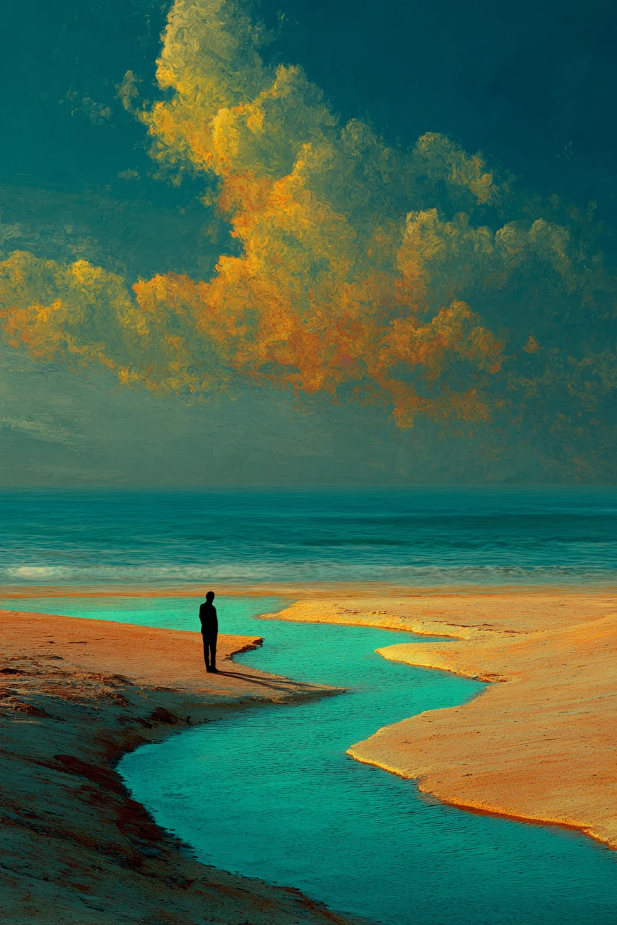 Surreal figure wandering through a barren dreamless desert