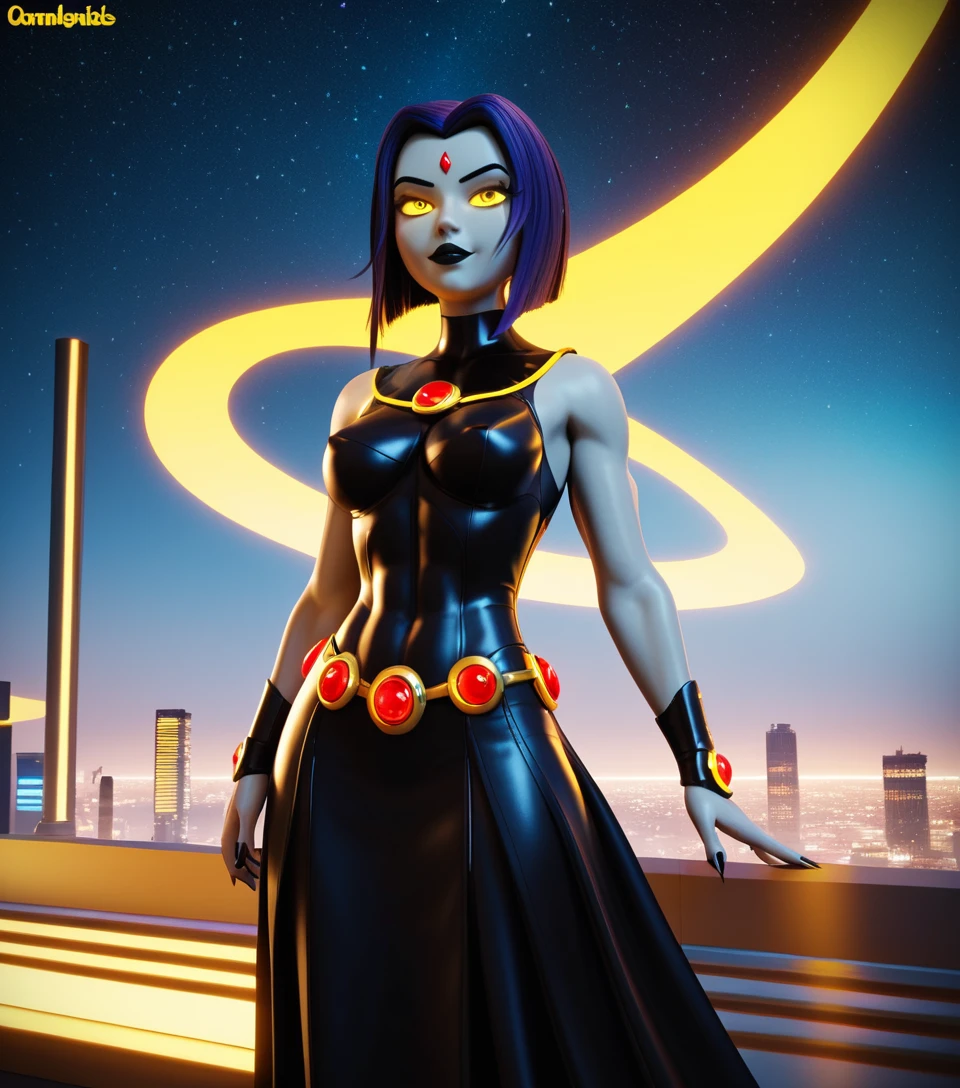 Giant futuristic woman with glowing yellow eyes in space