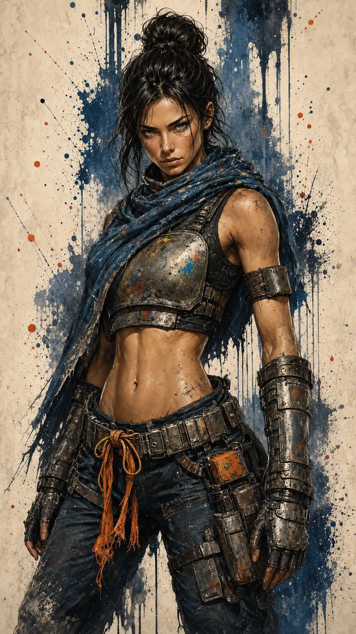Post apocalyptic scavenger woman in indigo cowl and armor