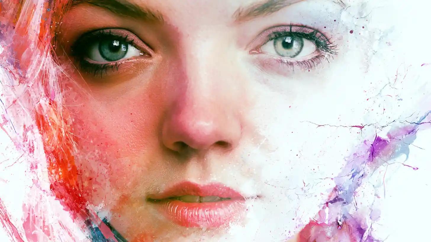 Ethereal female portrait with split red and white face