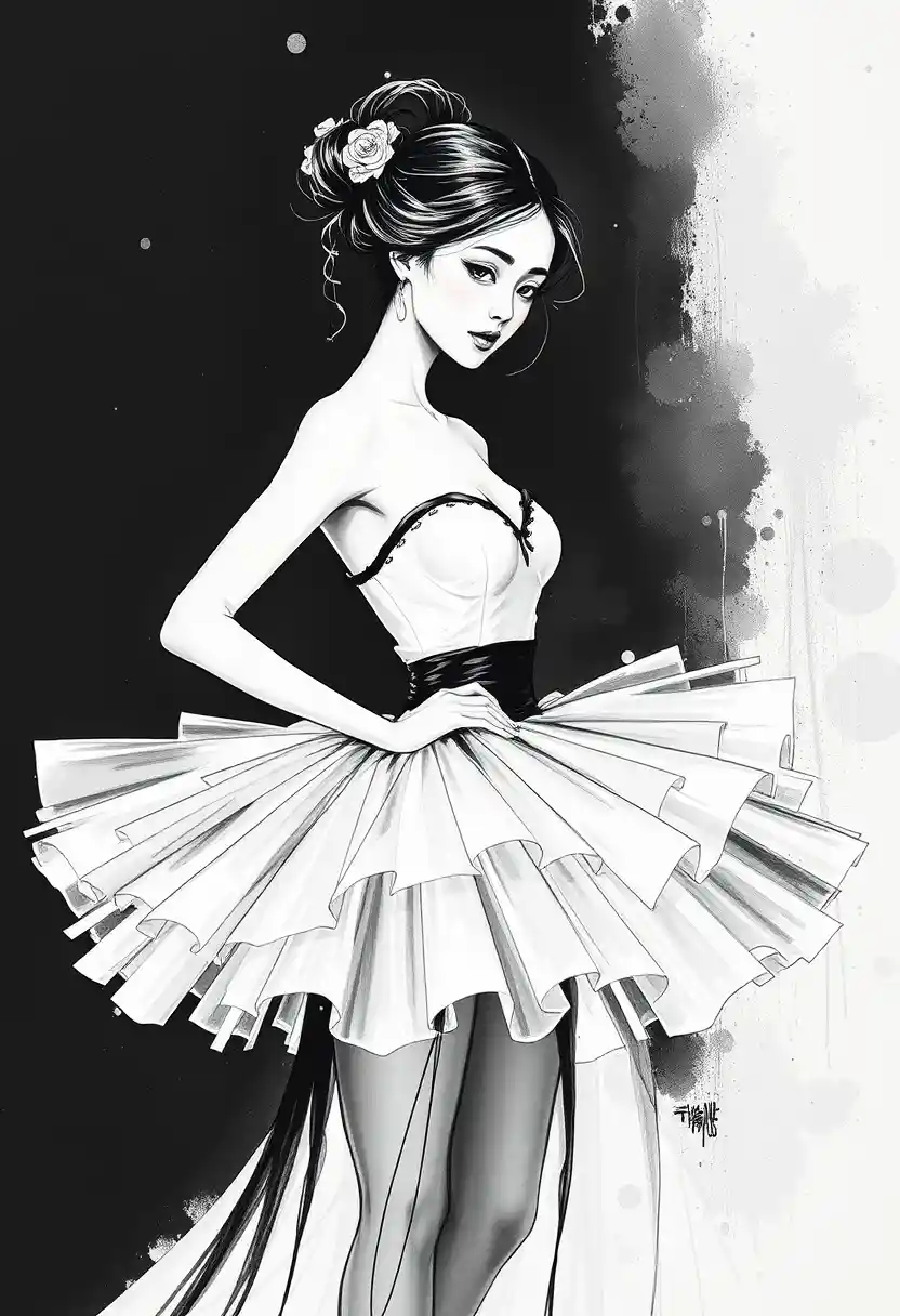Elegant ink portrait of a woman in a flowing tutu