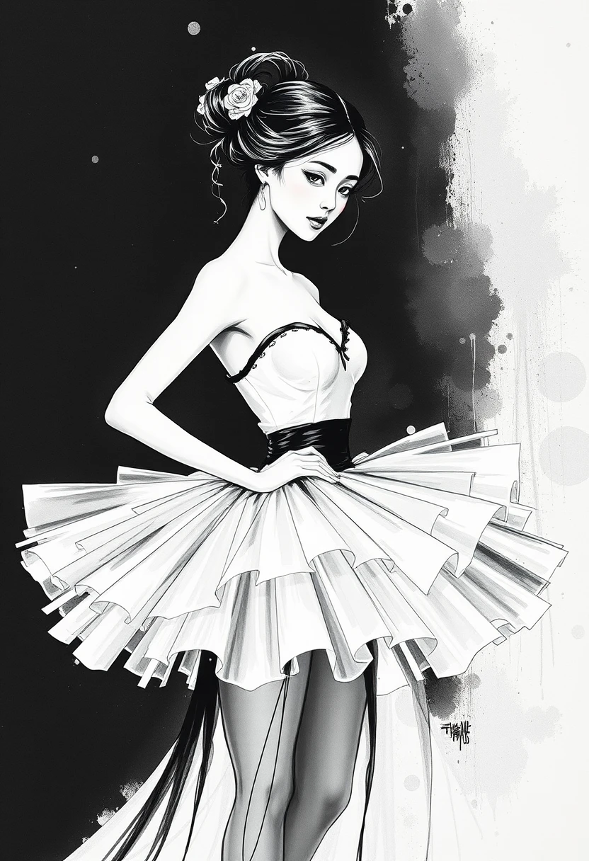 Elegant ink portrait of a woman in a flowing tutu