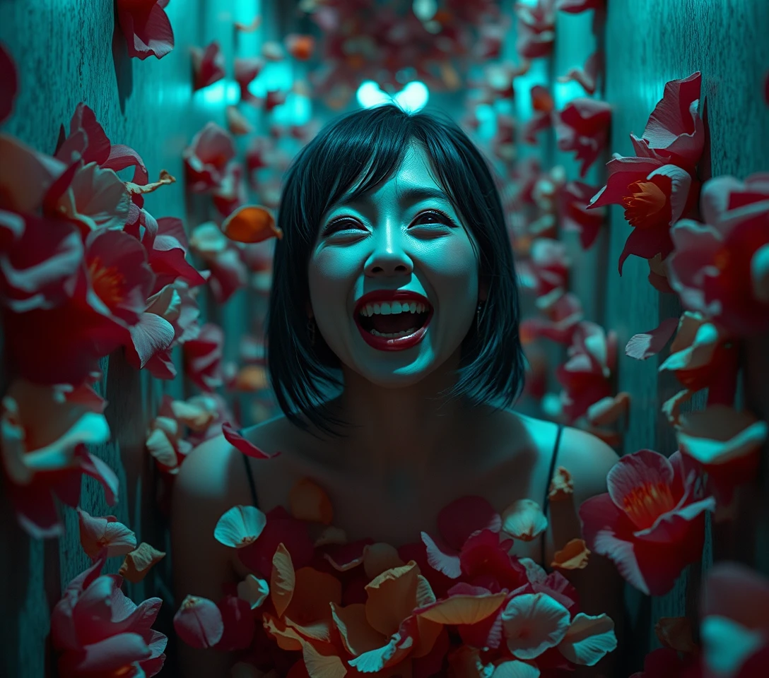 Surreal woman in a flower filled corridor caught between fear and laughter
