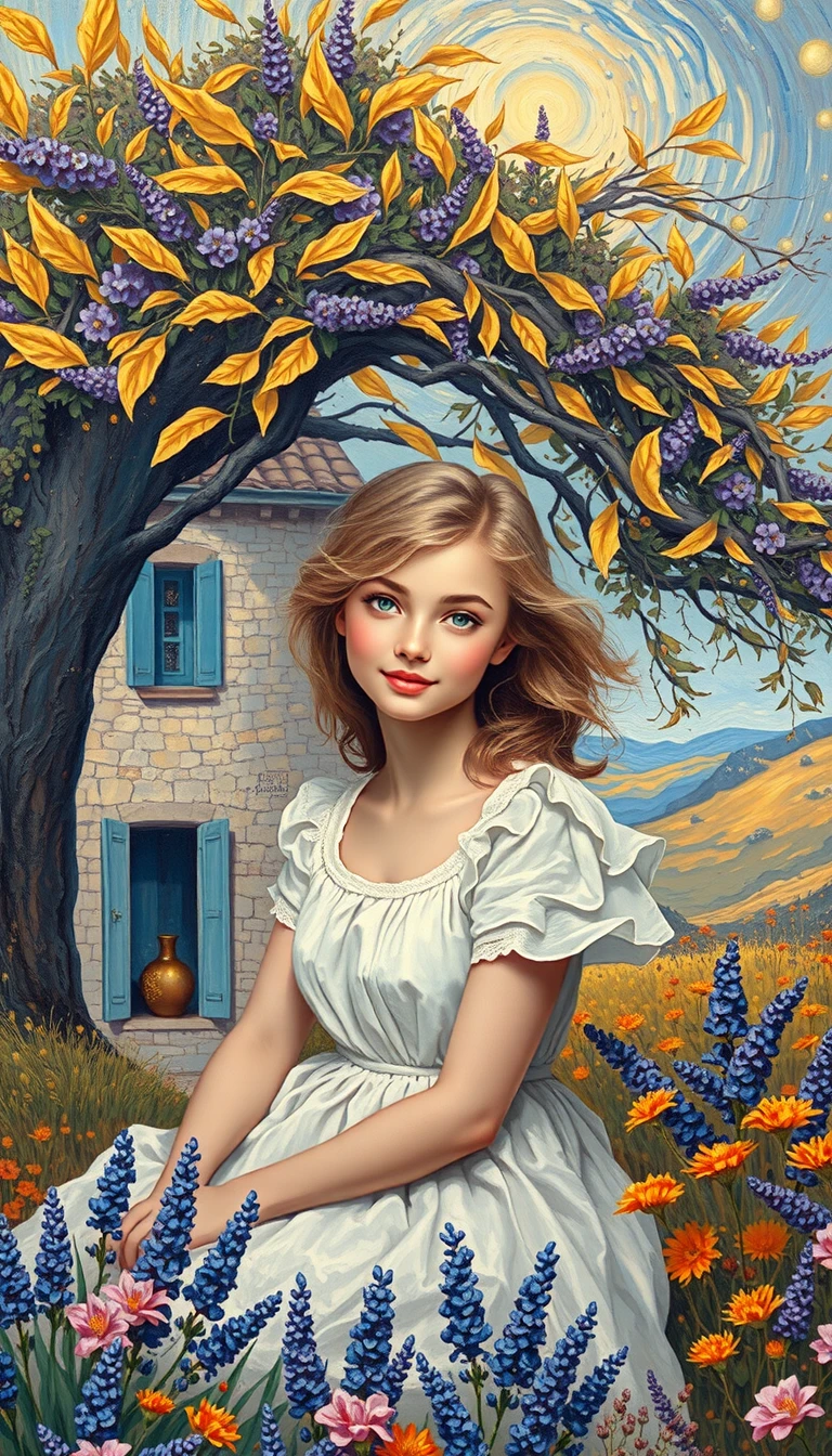 Girl beneath fig tree in hazy golden valley farmhouse