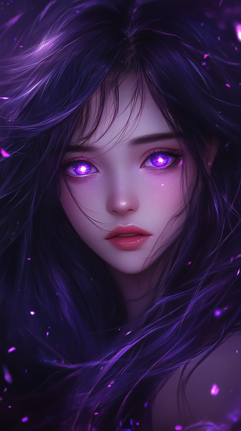 Anime girl with glowing violet eyes in dark void
